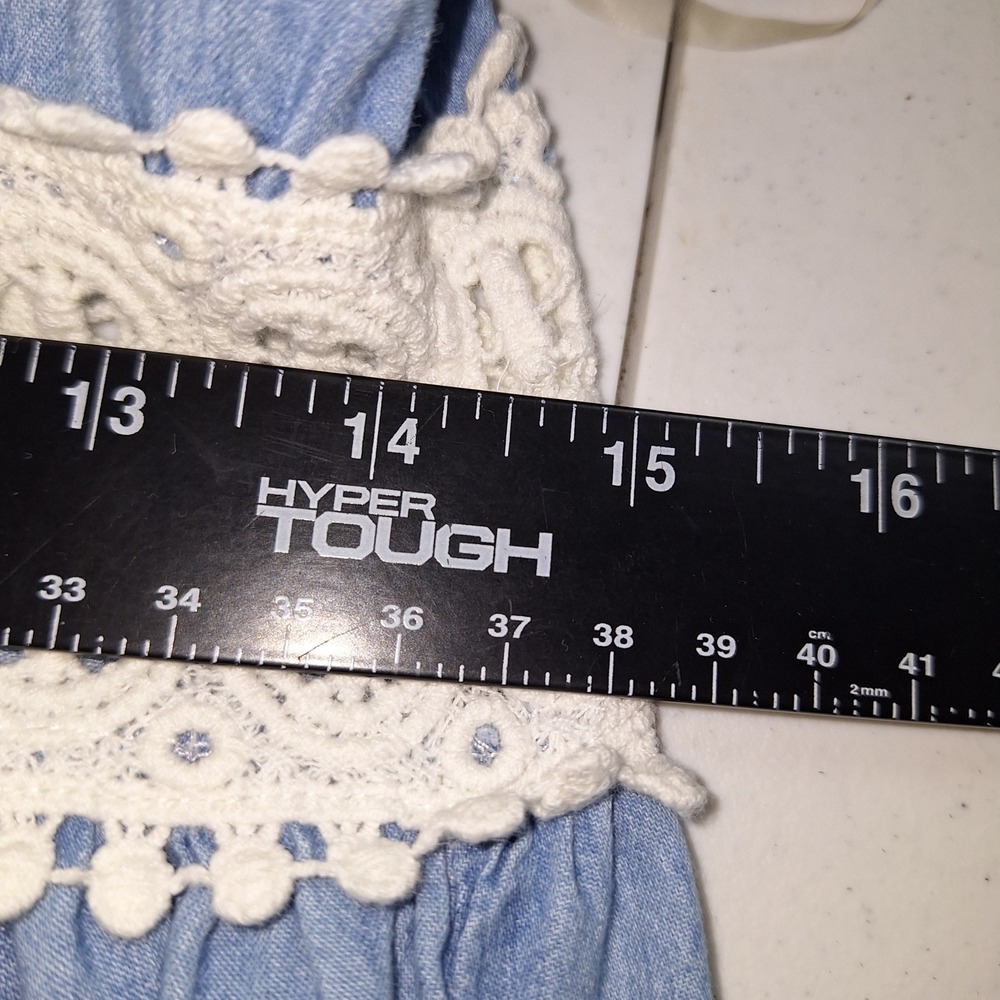Cottagecore Dress 100% Cotton Sleeveless Prairie Denim Crochet Lace Pockets M - Picture 9 of 12